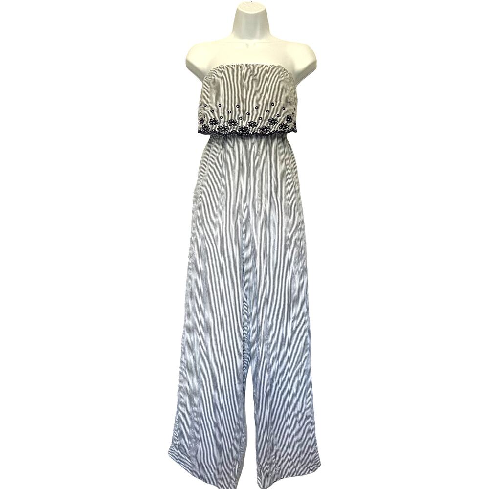 Jessica Simpson Strapless Womens Jumper Sz XS Ruffle Stripe Blue Floral Coastal